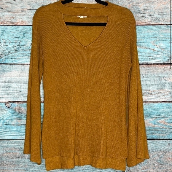 Hippie Rose Cutout Sweater L Bell Sleeves Boho Y2K Stretch Golden Brown Flowy - Picture 1 of 9